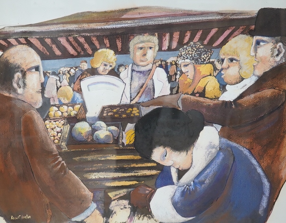 Robert Hinton?, watercolour mixed media, Market Sellers, signed, 40 x 52cm. Condition - fair